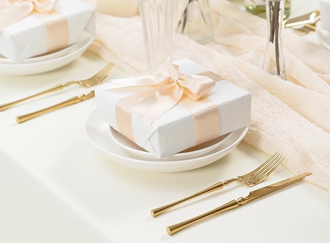 Light Champagne Satin Ribbon 1-1/2 Inch x 50 Yards Double-Faced Polyester Ribbons for Flower Bouquet Gift Wrapping Party Decor Wedding Invitation DIY Craft