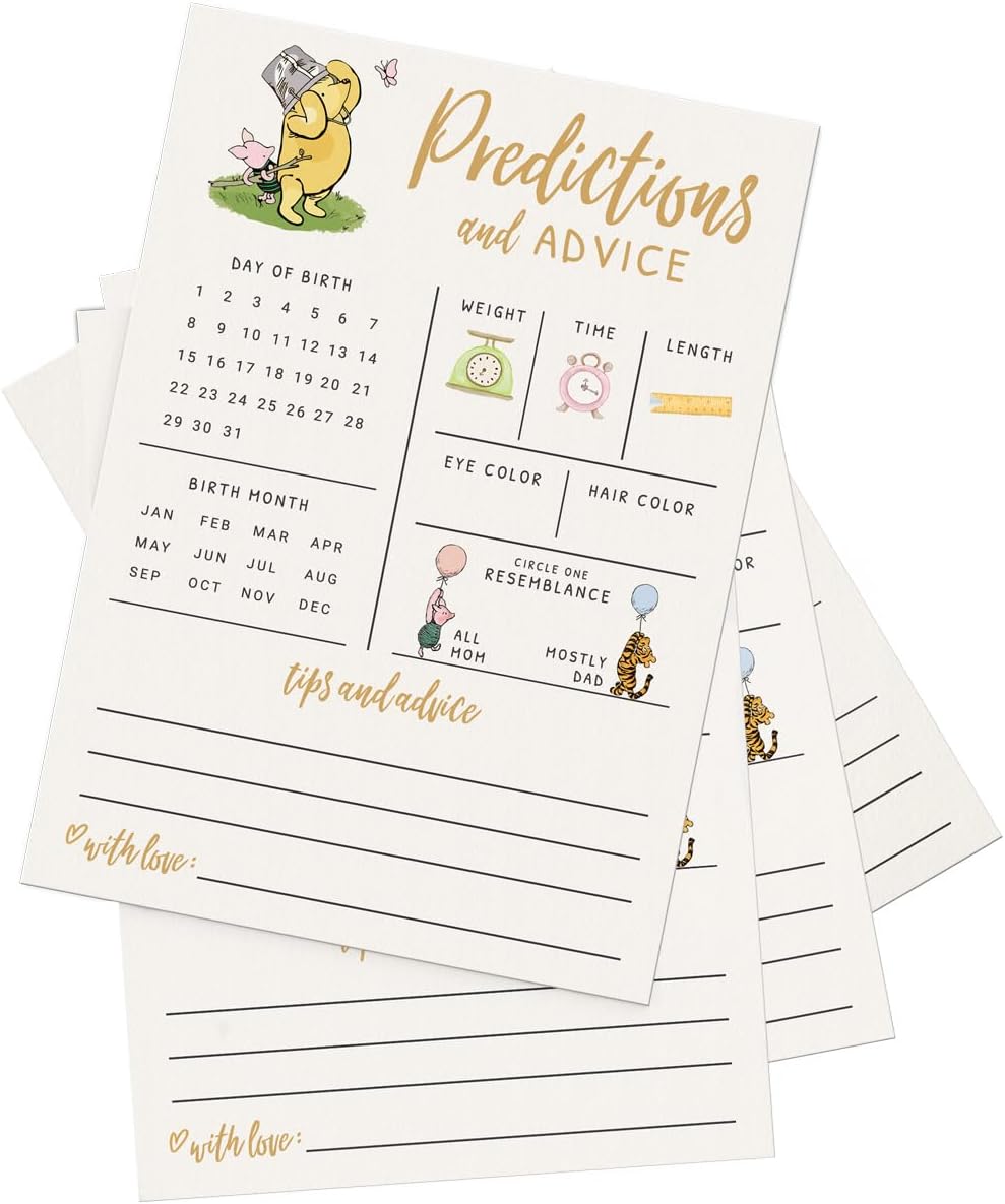 Printed Party Baby Predictions & Advice Cards – Classic Pooh Theme, Winnie Baby Shower Game for Guests, Gender Reveal Activity for Boy or Girl Activity, 30 Pack