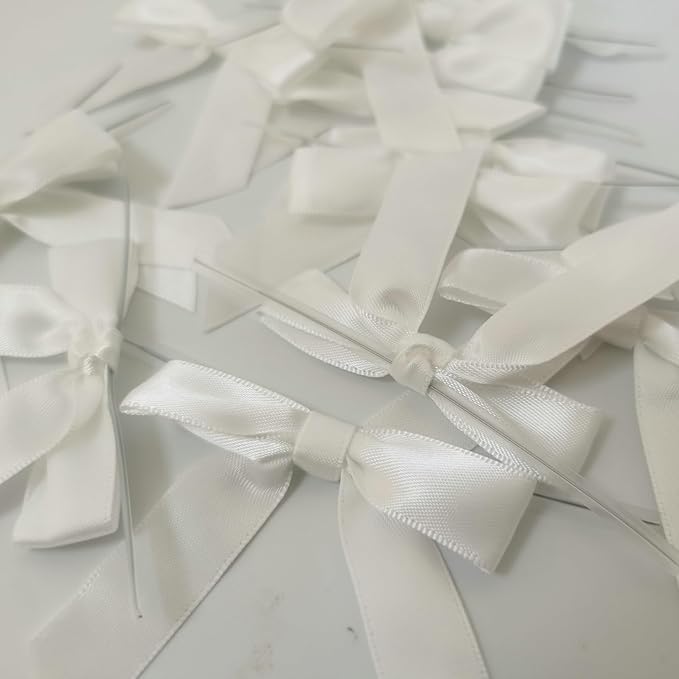50pcs 2-1/2" White Satin Ribbon Bows with Twist Ties for Wedding Box Gift Wrapping Packing Christmas Decoration (White)