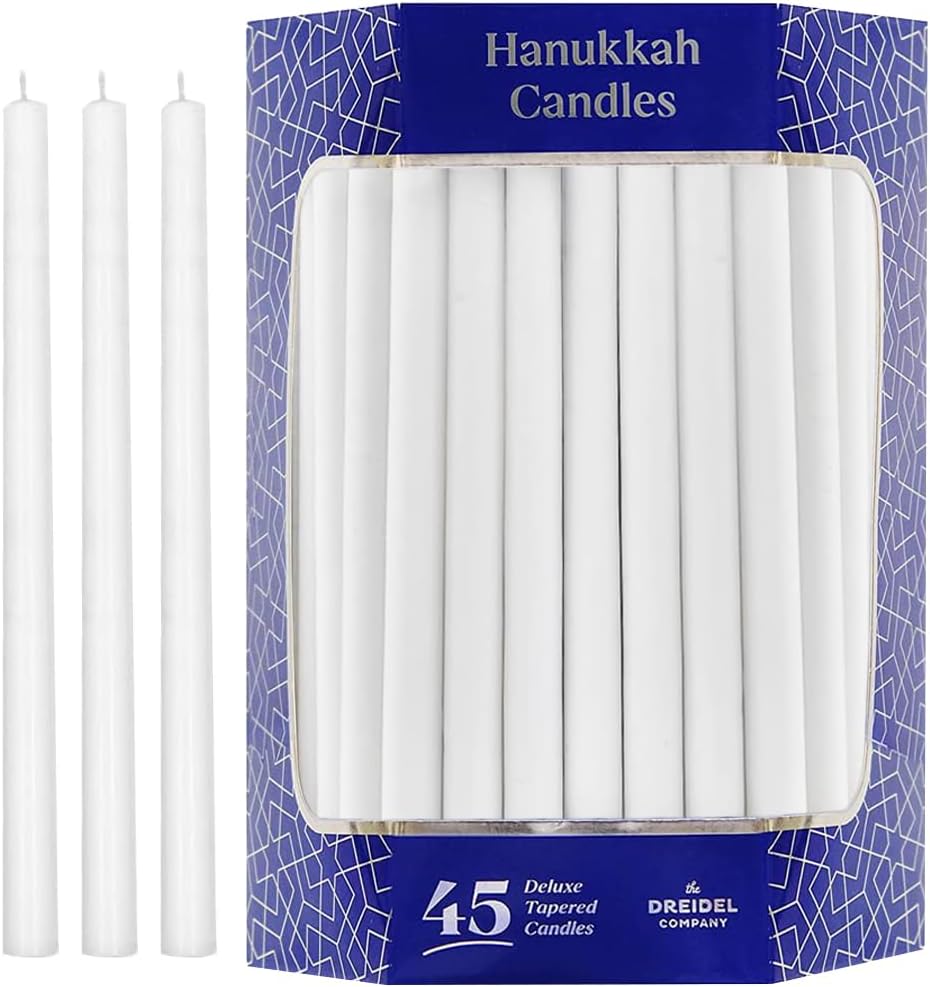White Deluxe Tapered Hanukkah Menorah Candles for All 8 Nights of Chanukah, 45 Minute Burn Time