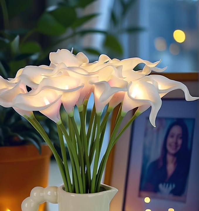 20pcs Artificial Calla Lily Bouquet Lamp Faux Floarl Night Light Real Touch Flower Night Lamp LED Calla Lily Artificial Flower Light Home Kitchen Decor(Whitepurple)