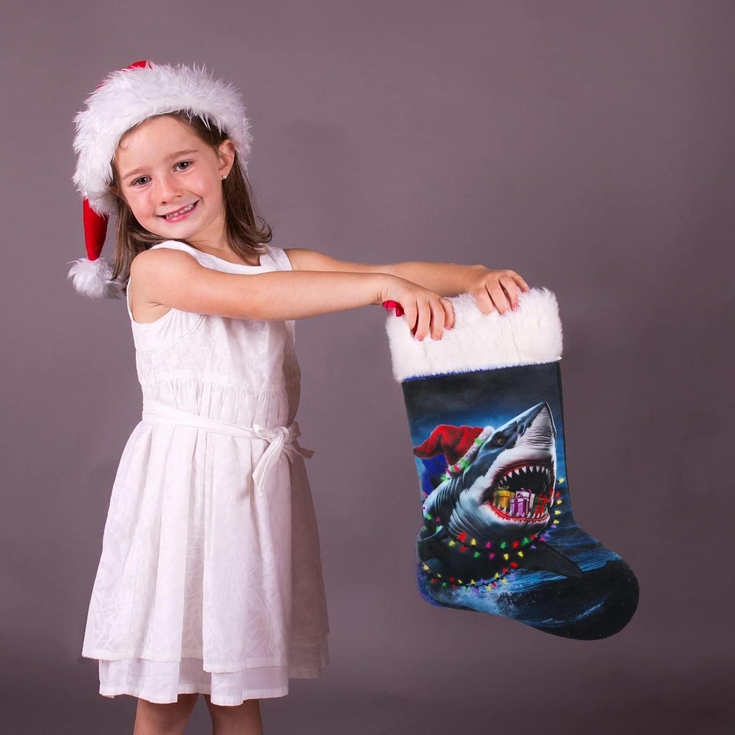 Personalized Shark Christmas Stocking 20 Inch Large, Fireplace Hanging Stockings for Holiday Decor, Ocean Theme Xmas Party Decorations, Home Festive Decor