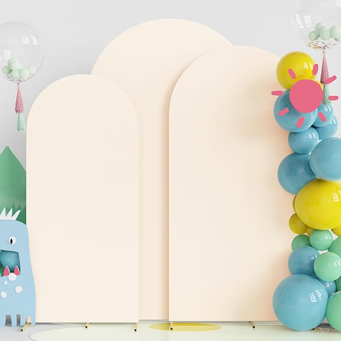 Fomcet Wedding Arch Cover 7.2FT, 6.6FT, 6FT Beige Spandex Fitted Fabric Arch Backdrop Cover Set of 3 Round Top Chiara Backdrop Stand Covers for Wedding Ceremony Birthday Party Baby Shower Decor