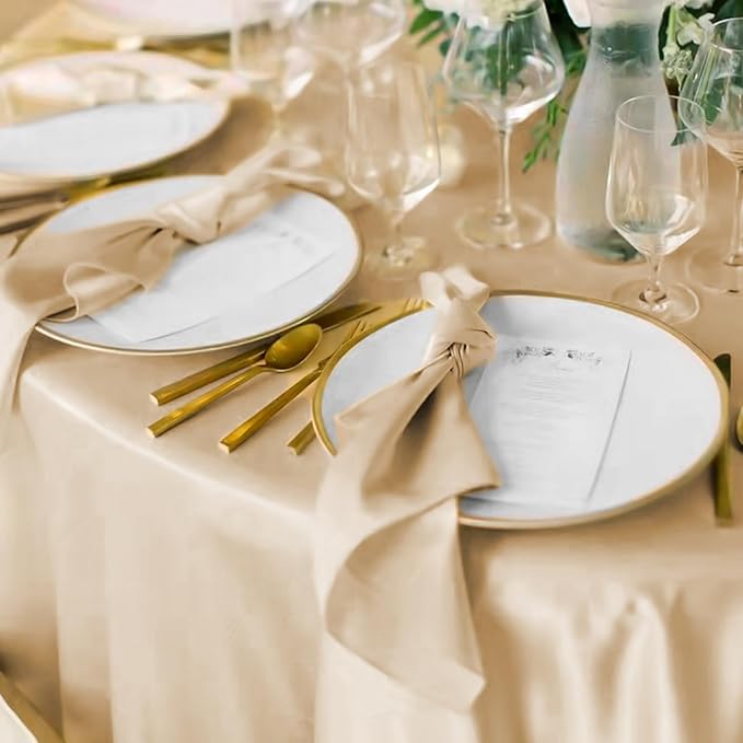 12 Pack 108 Inch Champagne Satin Tablecloth - Premium Bright Silky Round Tablecloth Overlay Smooth Fabric Table Cover, Table Decoration for Wedding Party Banquet Events Restaurant Kitchen Dining