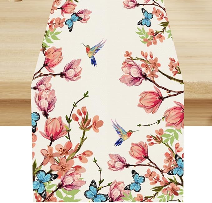 Spring Floral Bird Table Runner, Watercolor Pink Flower Plants Nature Butterfly Table Runner for Kitchen Dinner Living Room Home Party, 13x60 Inch