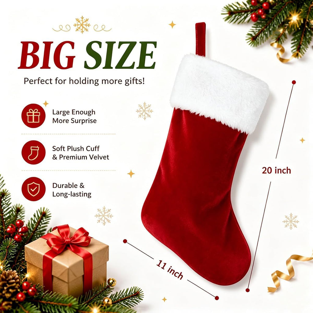Personalized Christmas Stockings,Custom Embroidered Name Family Stocking | 20 Inch Large Red Velvet with White Soft Plush Cuff Xmas Stocking ,Holiday Stocking for Fireplace Party Decoration(1 Pcs)