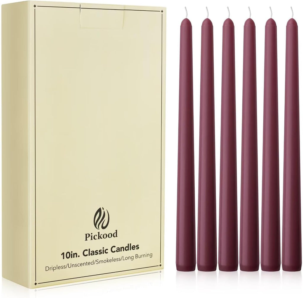 New Burning Formula Unscented Dripless 10-Inch Taper Candles Set of 12 - Burgundy, for Wedding, Dinner - Smokeless, Long Burning - Hand Poured, Colored Tall Candlesticks - Burdeos