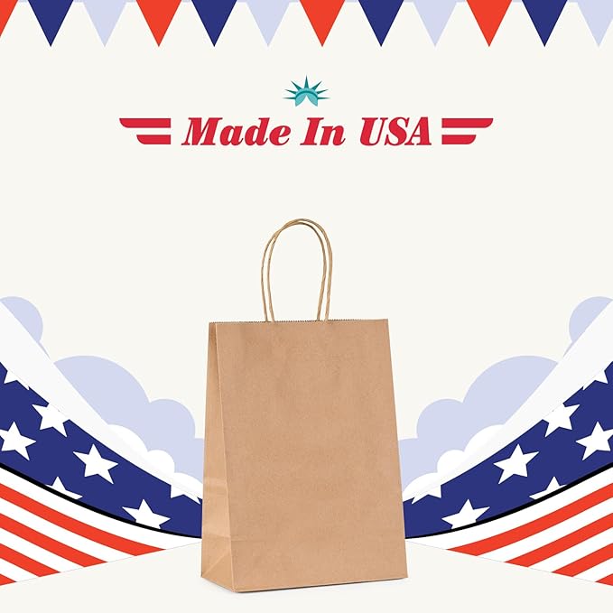 GSSUSA 200 Pack Brown Paper Bags 5.25x3.75x8 Inch Small Gift Bags with Handles Bulk, Brown Kraft Bag for Small Business, Sturdy Grocery Retail Shopping Birthday Party Favor Craft Bag