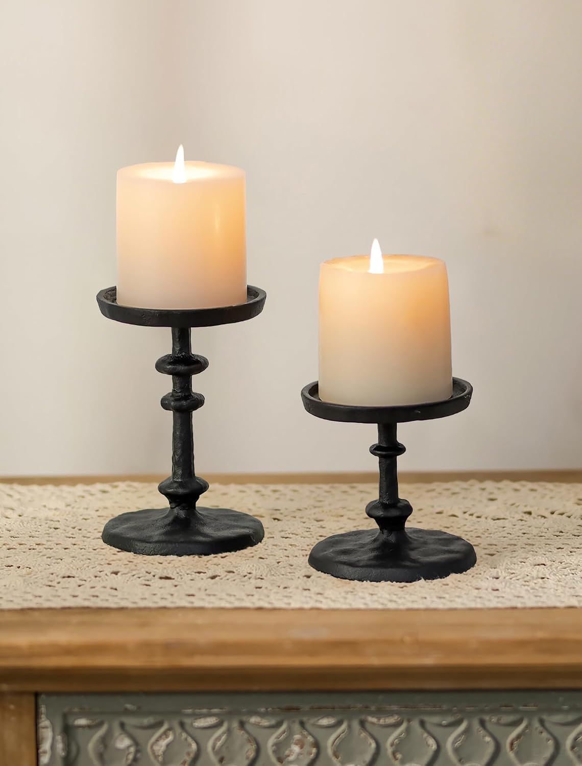 NUPTIO Pillar Candle Holder Black: Solid Cast Iron Candle Stand