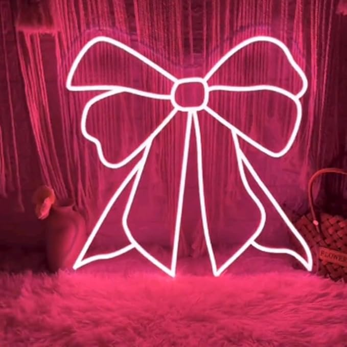 Pink Bow LED Neon Sign, Custom Bedroom Girl's Room Neon Light Sign Home Wall Dorm Beauty Room Salon Decor Party Bar Decoration Gift For Her Size:18x18inch