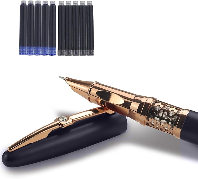 YUNCHUN Refillable Fountain Pen Fine Nib, Fancy Ink Pen with 5 Black & 5 Blue Ink Refills Cartridges, Cool Ink Pens for Writing, Business Metal, Best Gift Set for Men & Women, Blcak