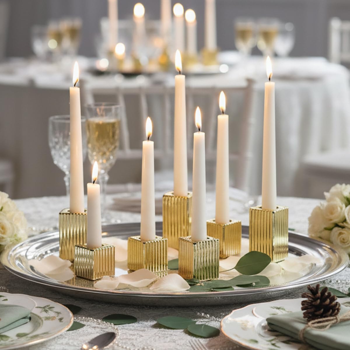 LETINE 12pcs Gold Vertical Stripe Glass Candlestick Holders - Chic Taper Candle Sticks Holder Set for Elegant Dining & Home Decor - Ideal for Christmas, Halloween, Thanksgiving