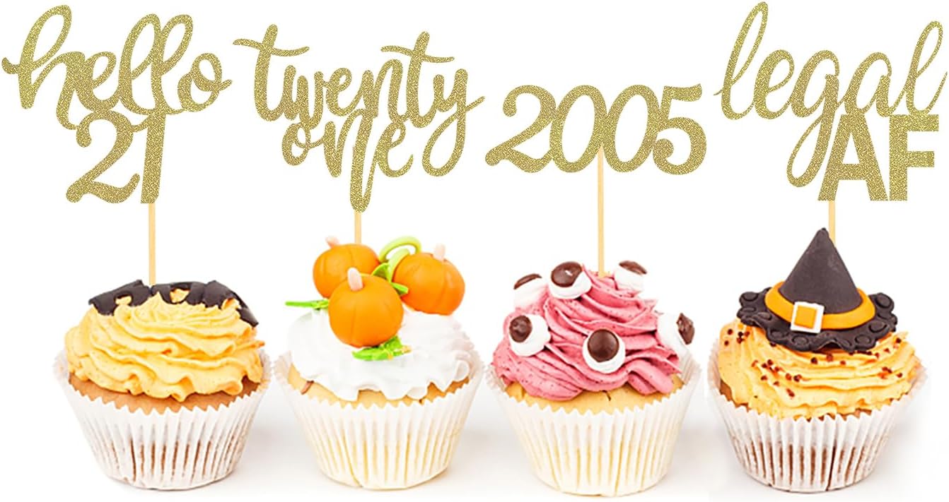 24 Pcs 21st Birthday Cupcake Toppers | Celebrating Twenty One Years Old Birthday Party Decorations，Glitter Gold