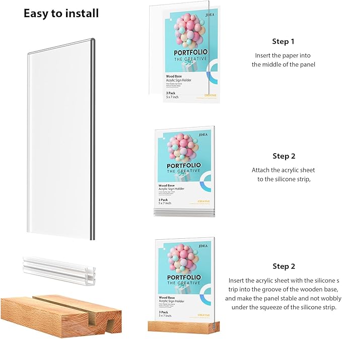 5x7 Inch Acrylic Sign Holder with Wood Base Vertical and Slant Displays(3 Pack 5*7")