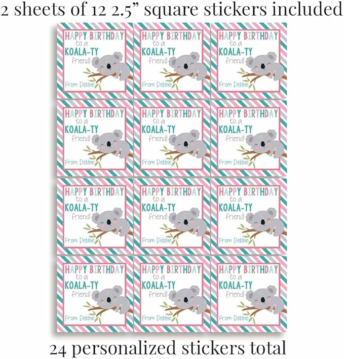 Custom & Personalized Cute Koala Happy Birthday Gift Tag Sticker Labels, 24 2.5" Square Stickers by Amanda Creation