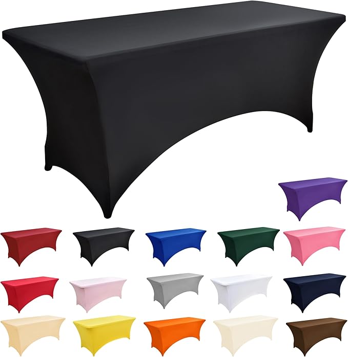 2-Pack 8ft Black Spandex Table Covers for Rectangle Folding Tables - Washable Elastic Tablecloth - Ultimate Fitted Table Protector for Birthday Parties, Trade Shows, Banquet
