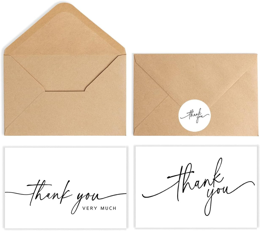 SPIRITDUST 52-pack Thank You Cards Bulk with Kraft Envelopes & Matching Stickers, 3.5x5 Inches, Minimalist Design | Perfect for Business, Weddings, Baby & Bridal Showers, Graduations & Funerals.