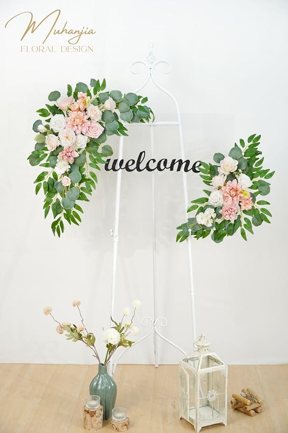 Wedding Sign Faux Flower Swag (Pack of 2) for Ceremony Party Reception Entrance Floral Decor Wall Easel Stand for Wedding Poster Welcome Sign (Pink)