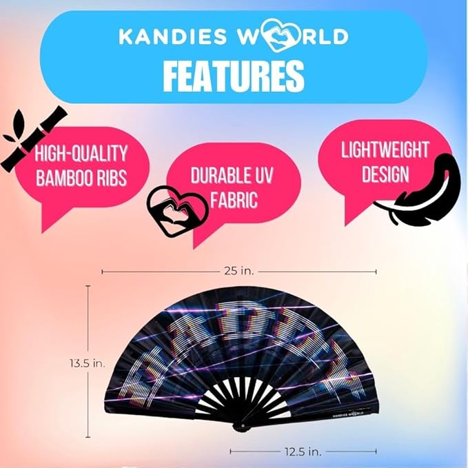 Kandies World Custom Festival Folding Hand Fan - Unique Designs, Made of Bamboo, Clacking Sound, Lightweight - Perfect Rave and Festival Accessory!