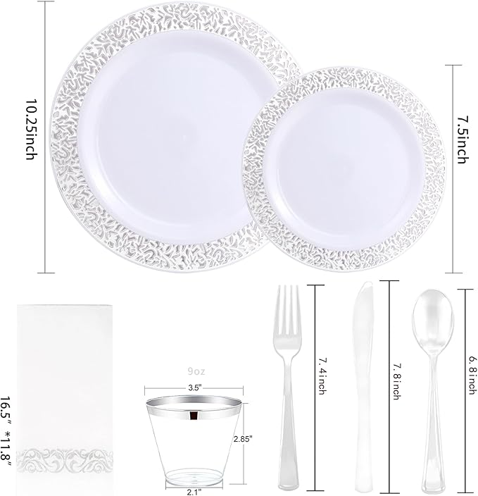 WELLIFE 350pcs Silver Party Dinnerware Set for 50 Guests, Silver Wedding Plates Disposable Heavy Duty, Including :50 Dinner Plates, 50 Dessert Plates, 50 Cups, 50 Napkins, 50 Sliver Silverware Set