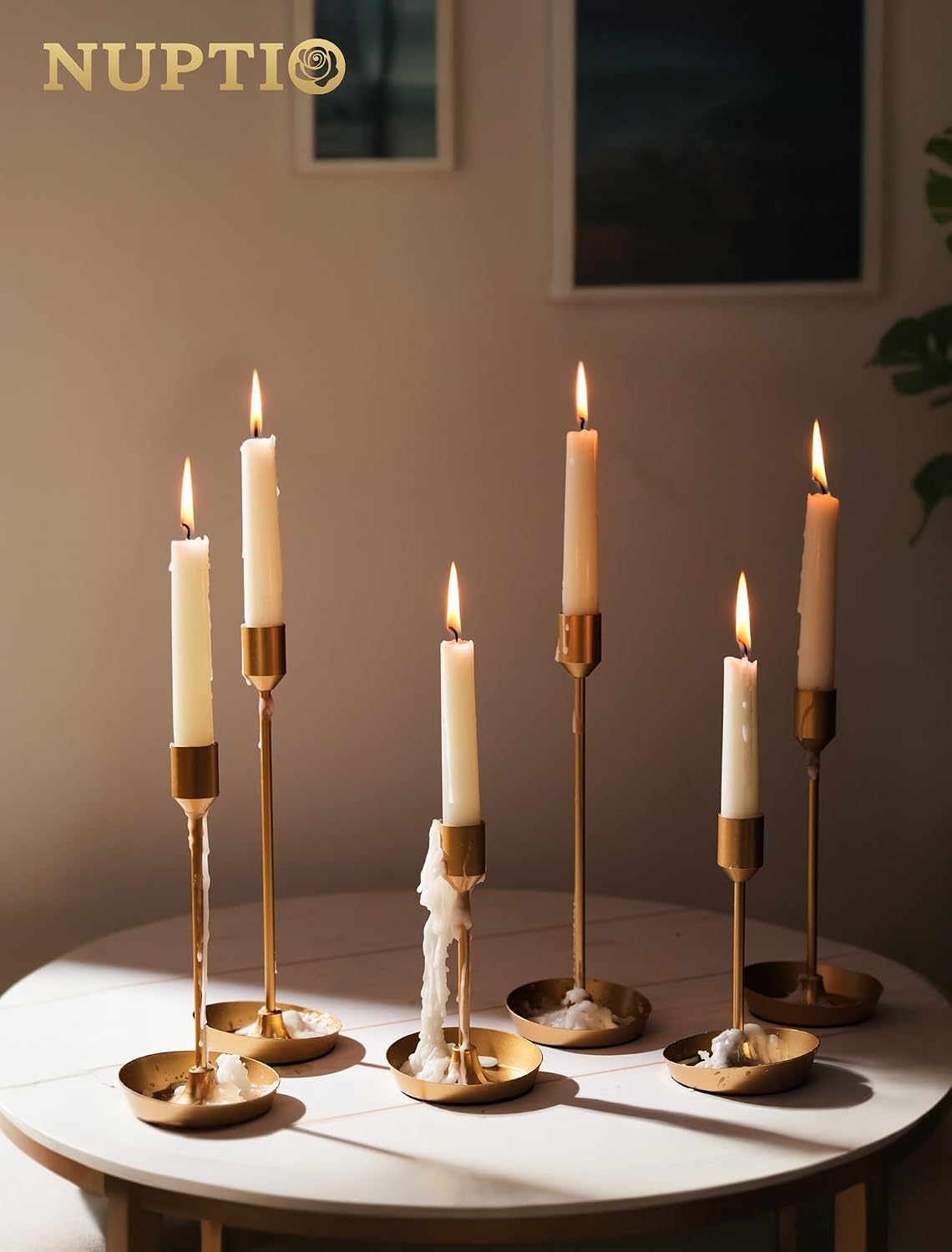 NUPTIO Taper Candle Holders for Centerpiece: Gold Candlestick Holders Bulk | 30 Pcs Tall Candleholders for Birthday Party, Brass Matte Candles Stick Decor Bulk Wax-catching Base for Table Fireplace