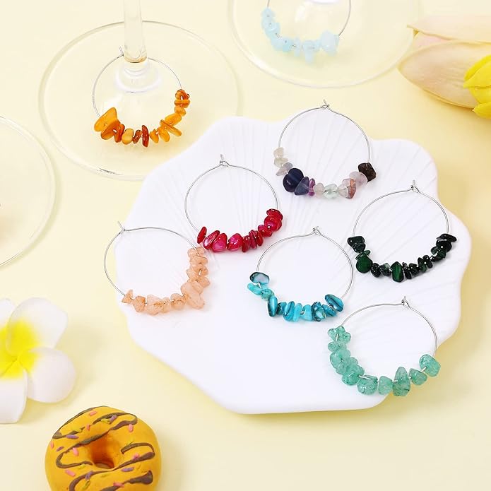Pride & Par 24 Pcs Nature Gemstone Beads Glass Charms for Stem Glasses, Wine Glass Decoration for Weddings, Parties