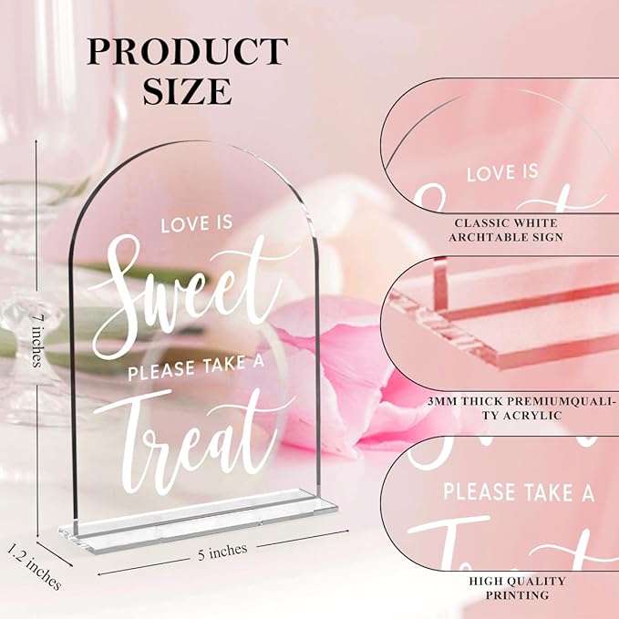 Wedding Signs, Love is Sweet Sign for Dessert Table, Wedding Decorations for Ceremony,Arch Acrylic Table Top Sign for Wedding Reception and Event Party,5x7 Inch Bridal Shower Decor (White)