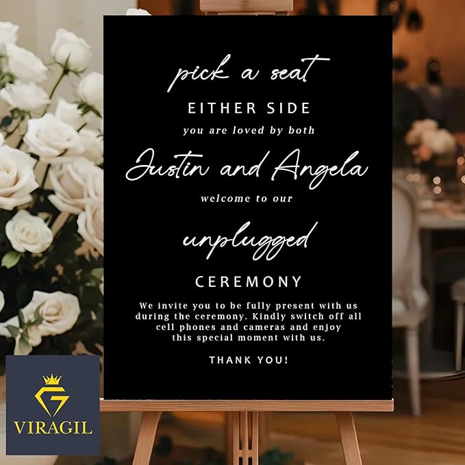 Minimalist Pick a Seat & Unplugged Wedding Sign – Custom Outdoor Yard Sign – Black and White Script Design