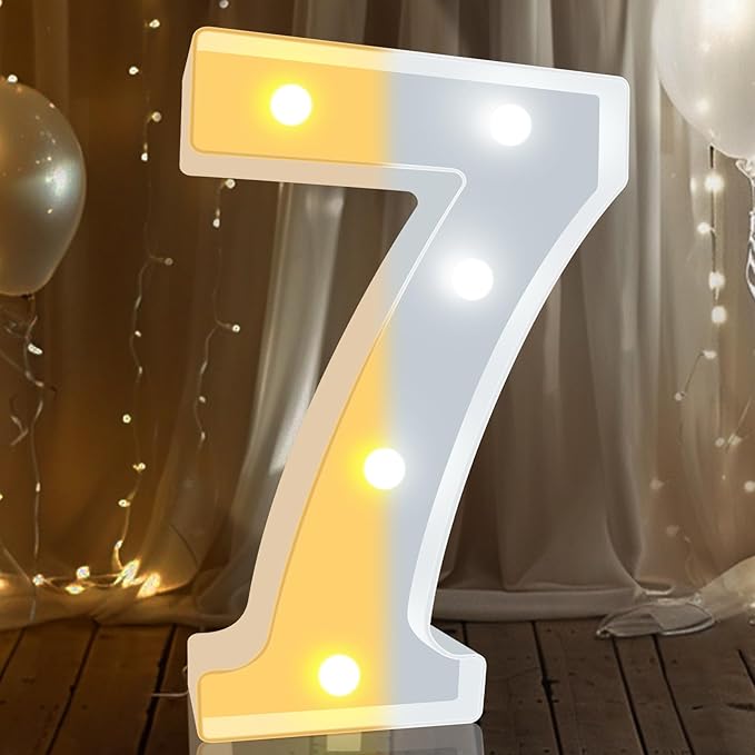 Pooqla LED Light Up Numbers, Warm White and Cool White Decorative Lighted Marquee Numbers, Light Up Numbers for Boys Girls Party, Wedding, Bar, Night Light, Room Decor, Birthday Decoration, Number 7