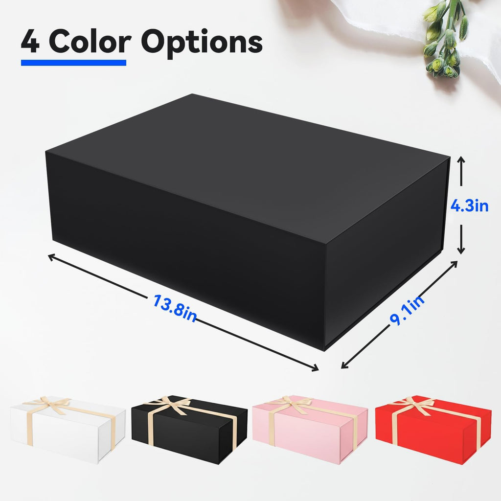Brothersbox Black Gift Box 13.8"x9.1"x4.3" Large Gift Boxes for Presents with Magnetic Lid, Ribbon, Collapsible Boxes for Valentine's Day Mother's Day Christmas Birthday Wedding