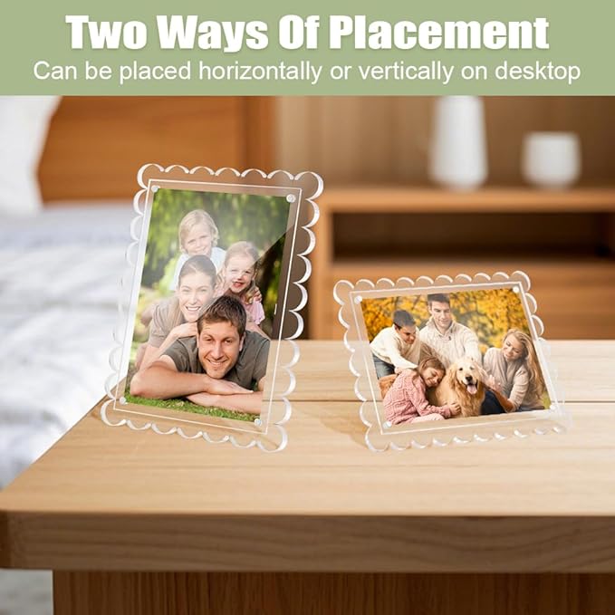 3 PCS 5x7 Inch Acrylic Picture Frames, Clear Scalloped Picture Frame with Removable Stand, Double Sided Transparent Magnetic Photo Frames for Home Office Refrigerator Tabletop Desktop Display