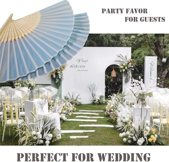 Personalized Engraved Light Blue Fans Folding Hand Fans 80 Pcs, Summer Wedding Fans, Custom Imitated Silk-Bamboo Fans for Guests Wedding Party Favor Bridal Shower Gifts Party Decoration