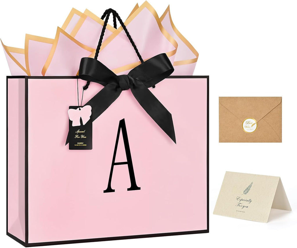 ZUKEPU Birthday Gift Bag, Personalized Initial Pink Gift Bags for Women & Girls, Medium Valentines Gift Paper Bags with Card and Tissue Paper, Stands up perfectly for Weddings, Party & All Holidays (Pink, A-Medium)