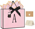 ZUKEPU Birthday Gift Bag, Personalized Initial Pink Gift Bags for Women & Girls, Medium Valentines Gift Paper Bags with Card and Tissue Paper, Stands up perfectly for Weddings, Party & All Holidays (Pink, A-Medium)