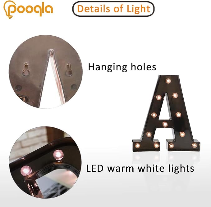 Pooqla Light Up LED Letter Marquee Sign - Alphabet Marquee Letters with Lights for Wedding Birthday Party Christmas Night Light Lamp Home Bar Decoration A, Black