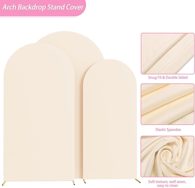Fomcet Wedding Arch Cover 7.2FT, 6.6FT, 6FT Beige Spandex Fitted Fabric Arch Backdrop Cover Set of 3 Round Top Chiara Backdrop Stand Covers for Wedding Ceremony Birthday Party Baby Shower Decor