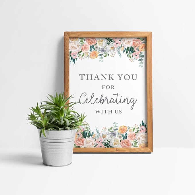 Andaz Press Extra Large Wedding Easel Board Party Sign, 12x18-inch, Peach Coral Floral Flowers Roses on White, Thank You for Celebrating With Us, 1-Pack