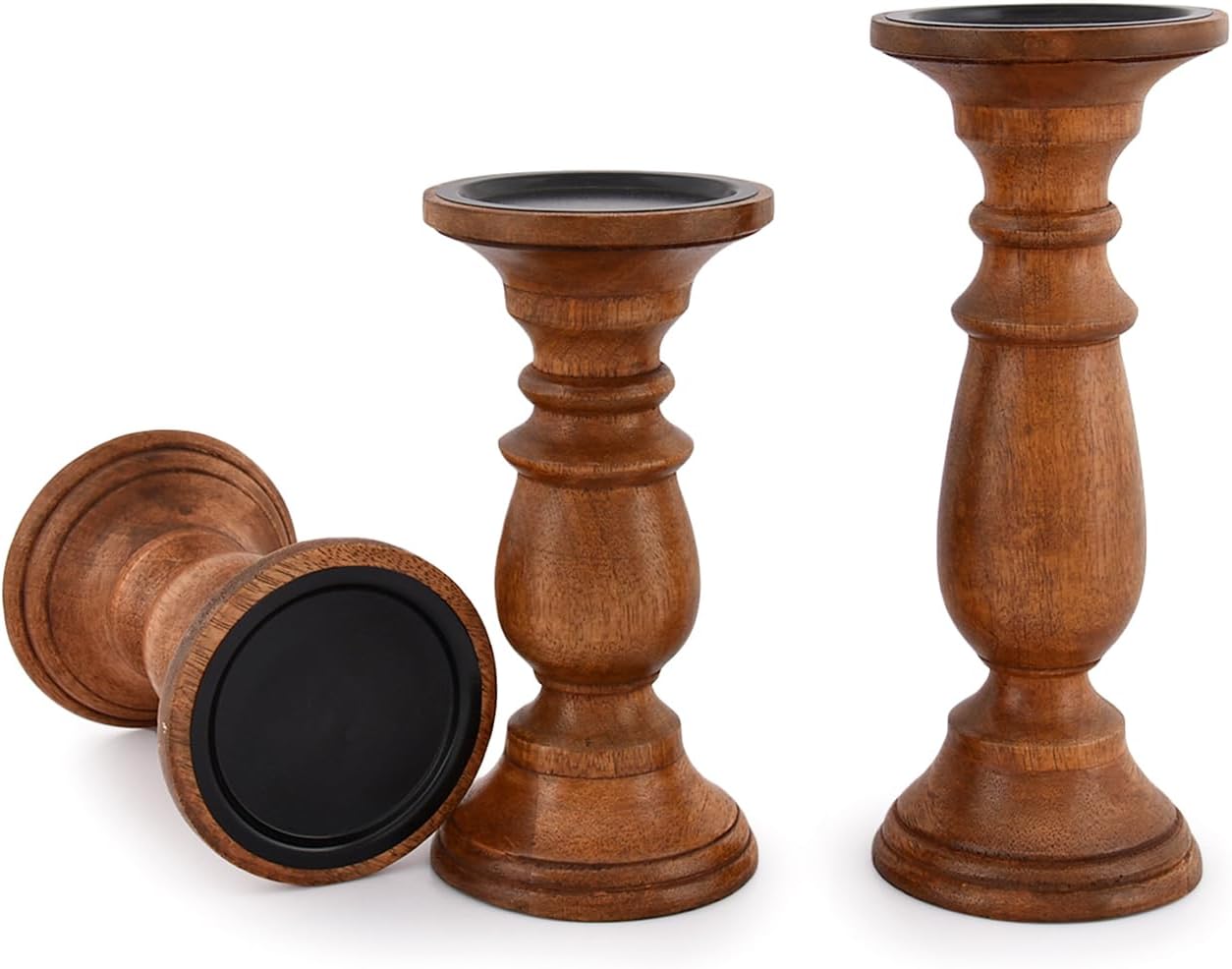 EDHAS Natural Round Turned Candle Holders for Pillar Candles Set of 3 Vintage Style Mango Wood Candle Holder for Centerpiece for Dining, Living Room