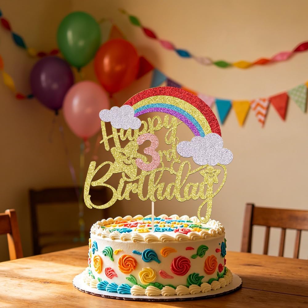 Rainbow Happy 3rd Birthday Cake Topper,Rainbow Themed 3rd Birthday Cake Decorations,Baby Shower,Boho Boy Girl Birthday Party Supplies