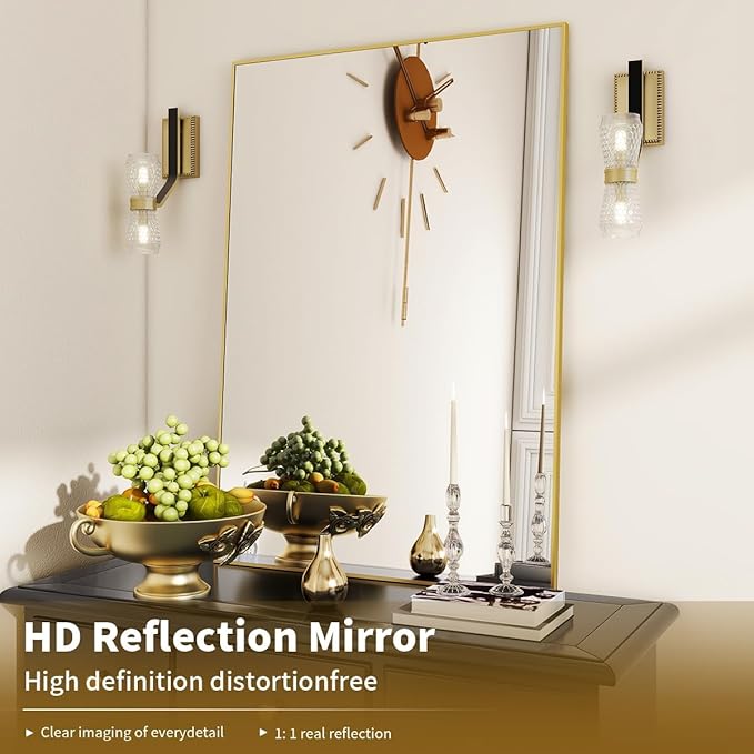 BEAUTYPEAK Gold Bathroom Wall Mirror - 24" x 36" Rectangular Mirror with Metal Frame, Hangs Horizontal or Vertical for Living Room Bedroom Bathroom Entryway