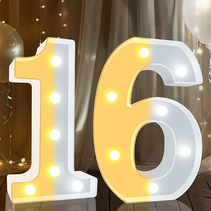Pooqla 16th Birthday Decoration for Girls Boys, Decorative LED Light Up Numbers, Marquee Numbers 16 Sign for Teen Party Backdrop 16th Wedding Anniversary Decor, Warm White and Cool White Number 16