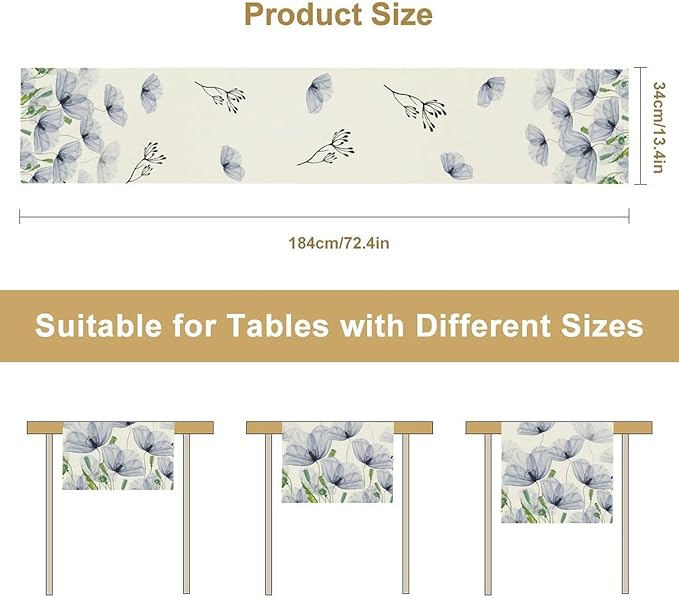 Watercolor Poppy Floral Table Runner, Abstract Seasonal Spring Summer Blue Purple Flower Kitchen Dinning Table Runner for Indoor Outdoor Home Wedding Party Holiday, 13x120 Inch