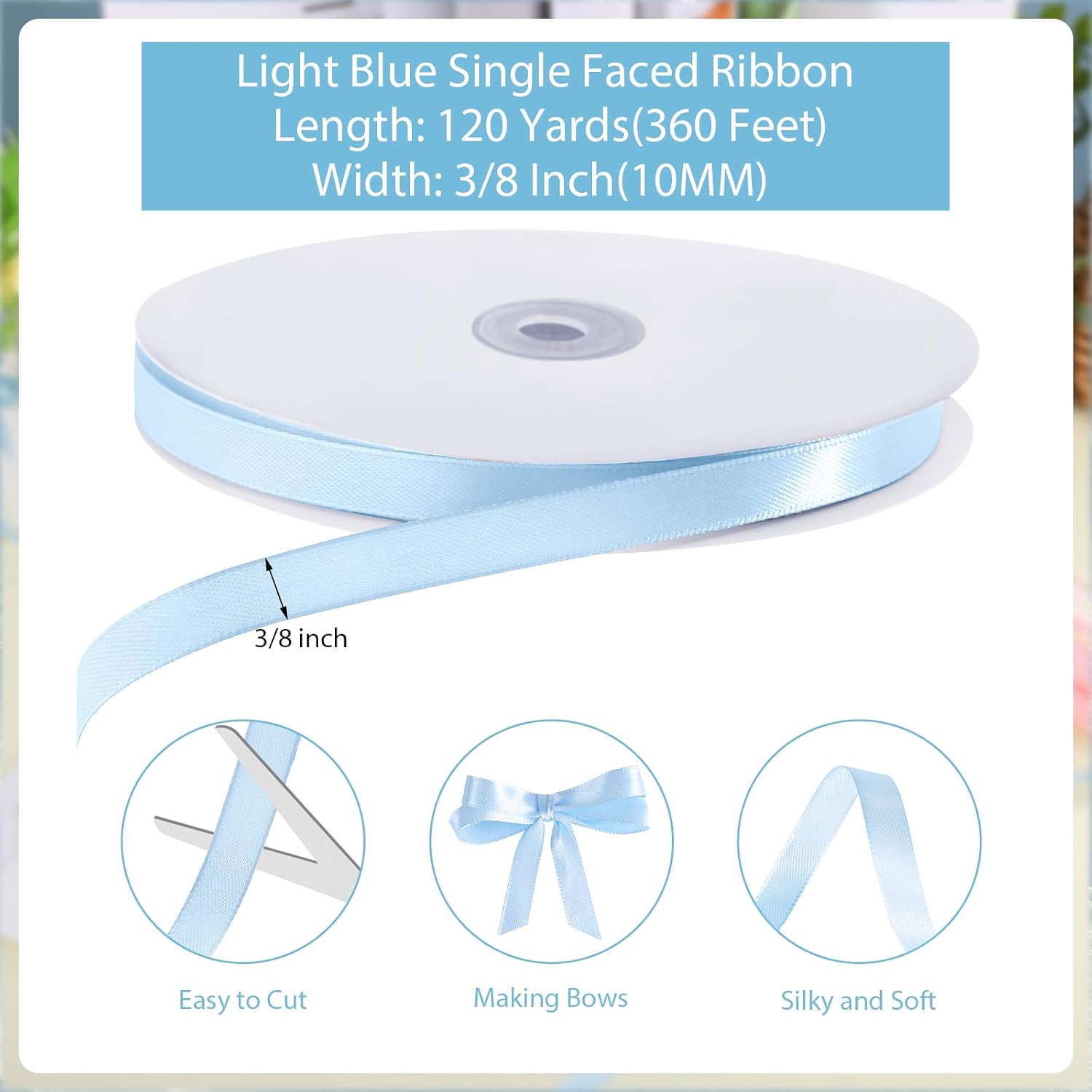 woric 120 Yards Blue Ribbon 3/8 Inch Light Baby Blue Ribbon Thin Crafts Satin Ribbons for Graduation Baby Shower Hair Bows Balloon Decorations Flower Bouquet Cake Wedding Gifts Basket