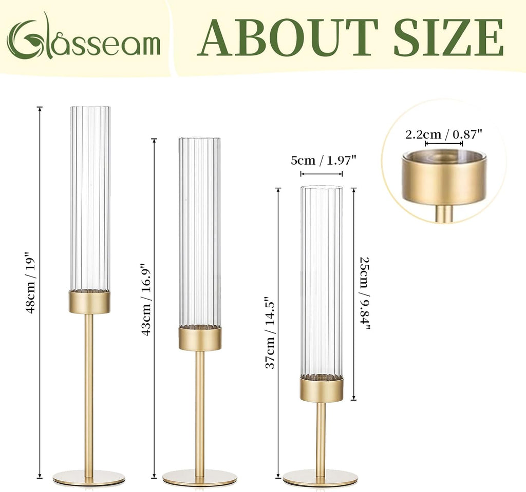 Gold Hurricane Taper Candle Holders: Glasseam 3Pcs Brass Candlestick Holders with Ribbed Glass Cylinder Cover Fluted Tall Candle Sticks Holder Decor for Table Centerpiece Wedding Christmas Decorations