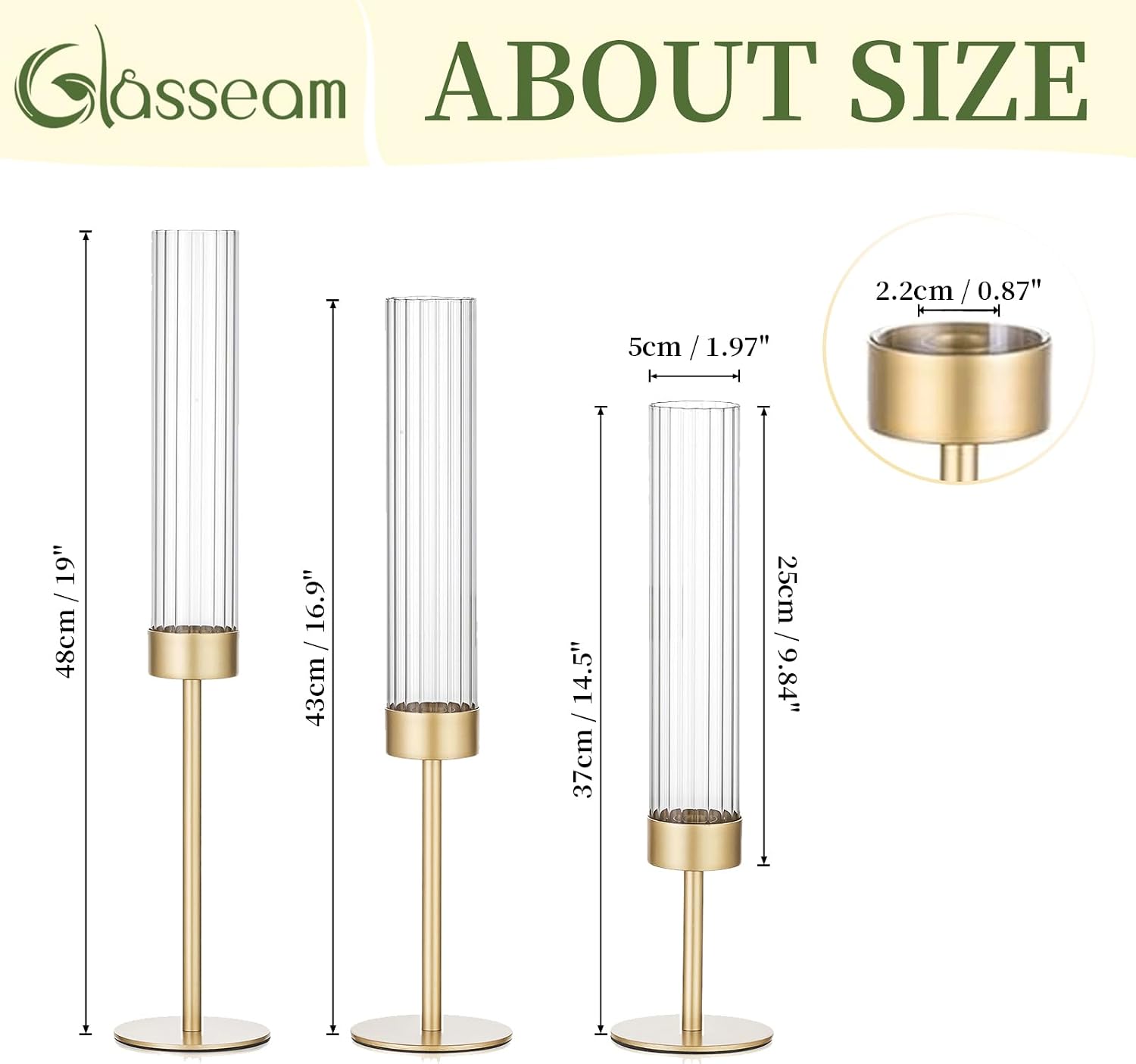 Gold Hurricane Taper Candle Holders: Glasseam 3Pcs Brass Candlestick Holders with Ribbed Glass Cylinder Cover Fluted Tall Candle Sticks Holder Decor for Table Centerpiece Wedding Christmas Decorations