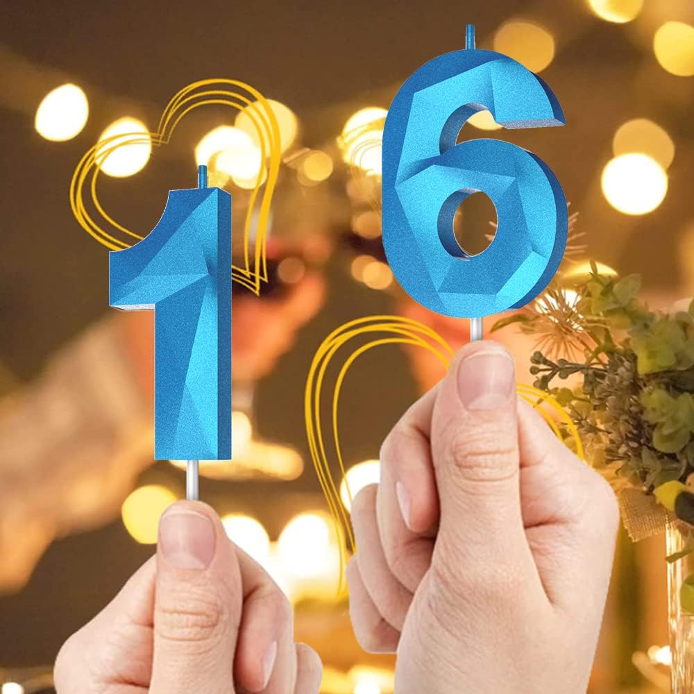 Number Birthday Candles(9 Candle Blue) 3D Diamond Shape Number Happy Birthday Cake Candles for Birthday Party Wedding Decoration Reunions Theme Party