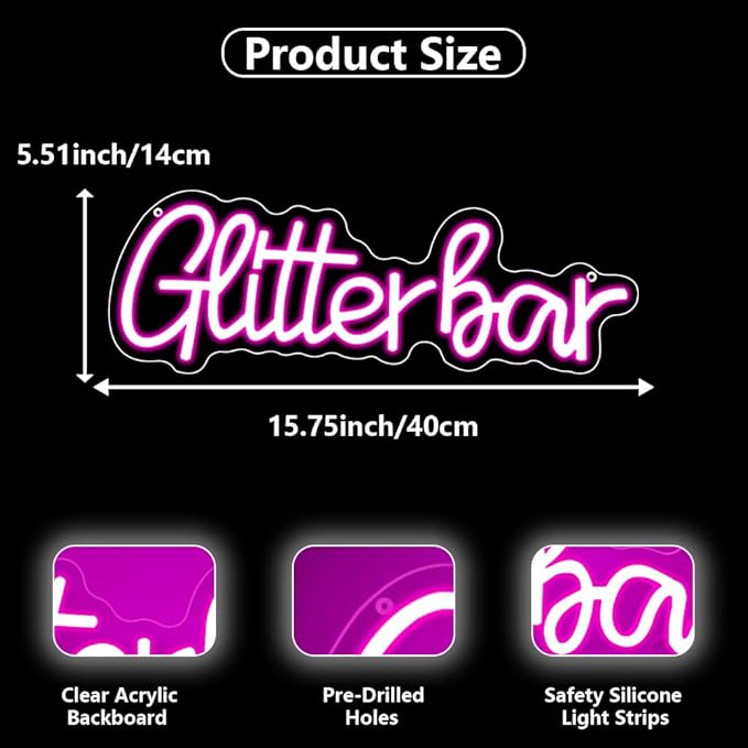 Glitter Bar Neon Sign,Bar Signs for Home Bar Decor,Led Bar Sign for Wedding,Birthday Party,Music Festival,Bachelor Party,Halloween, Christmas Decoration,Best Gift for Boys and Girls