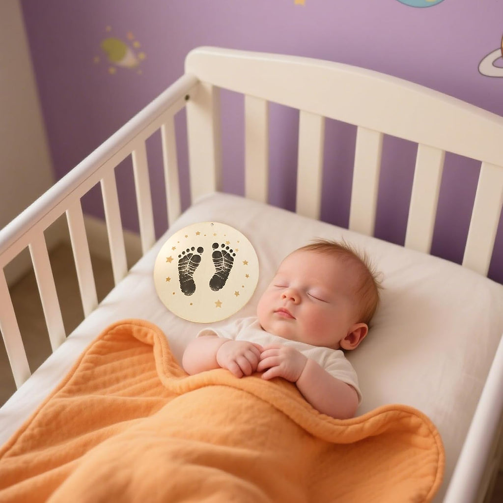XCMVCN Baby Announcement Sign, 5.9 Inch Round Wooden Hello World Newborn Signs, Birth Announcement Sign: Equipped with Ink Pad Can Baby Handprints and Footprints for Photo Prop Hospital Nursery Gift