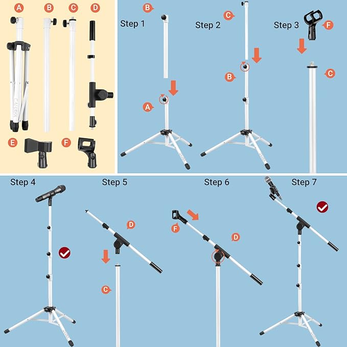 CAHAYA Microphone Stand Tripod Boom Arm Floor Mic Stand with Carrying Bag and 2 Mic Clips for Singing Performance Wedding Stage and Mic Mount White