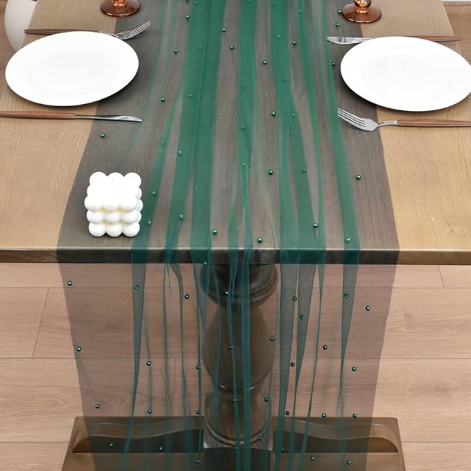 Joanlody Fall Pearl Table Runner 10ft Rustic Boho Tulle Table Runner with Pearls for Baby Shower Wedding Party Veil Dessert Thanksgiving Table Decor Emerald Green 4pcs